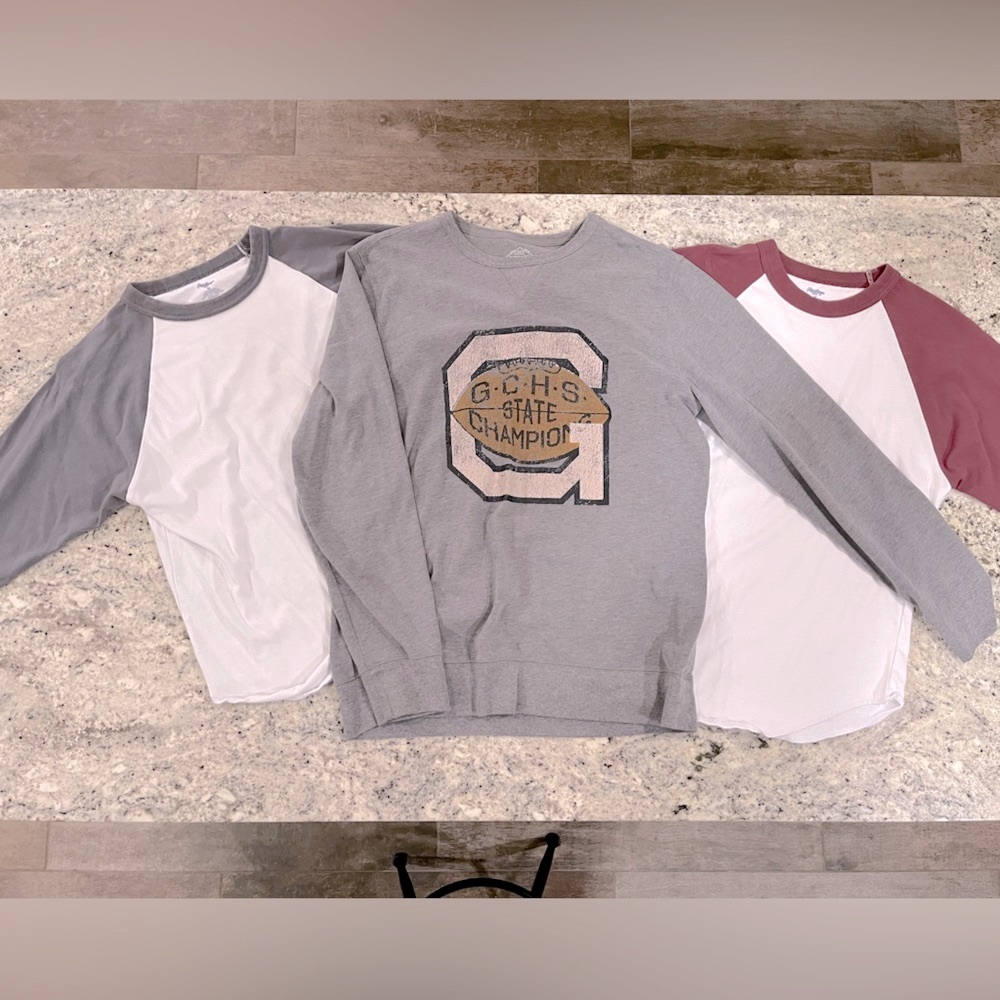 Light weight long sleeve sweatshirt and baseball 3/4 shirts - 3 total